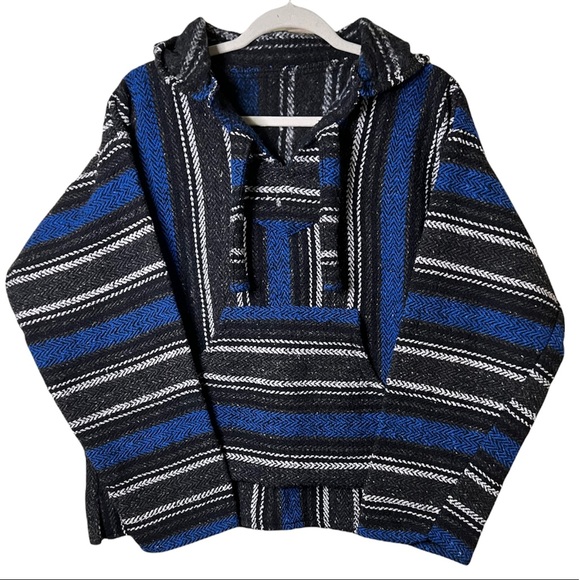 70s BAJA UNISEX Blue and Black Hippie Boho Gypsy Woven Rug Hoodie Jacket - Picture 1 of 7